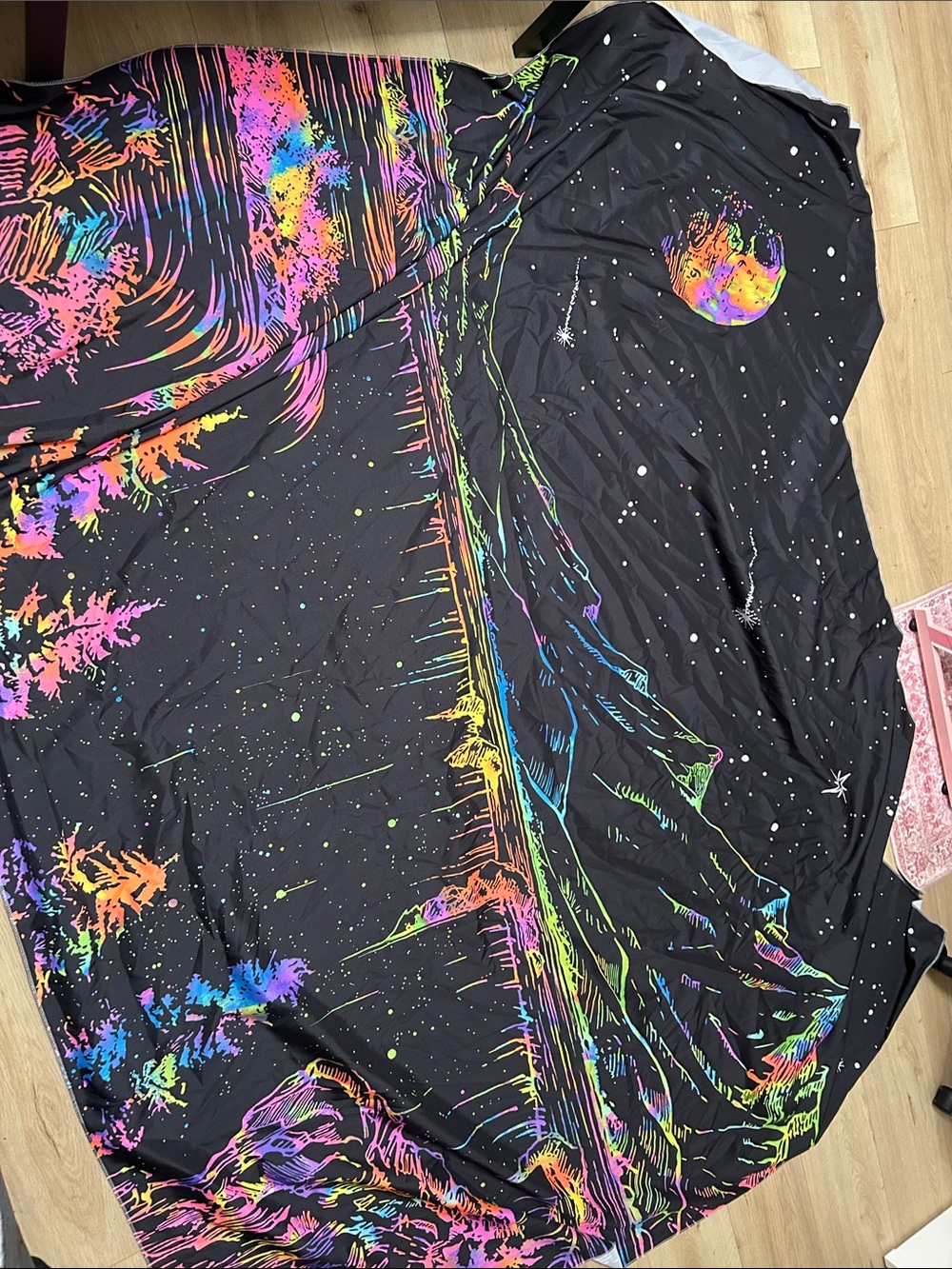 Neon Mountain Night Sky Tapestry - Black with Rainbow Accents